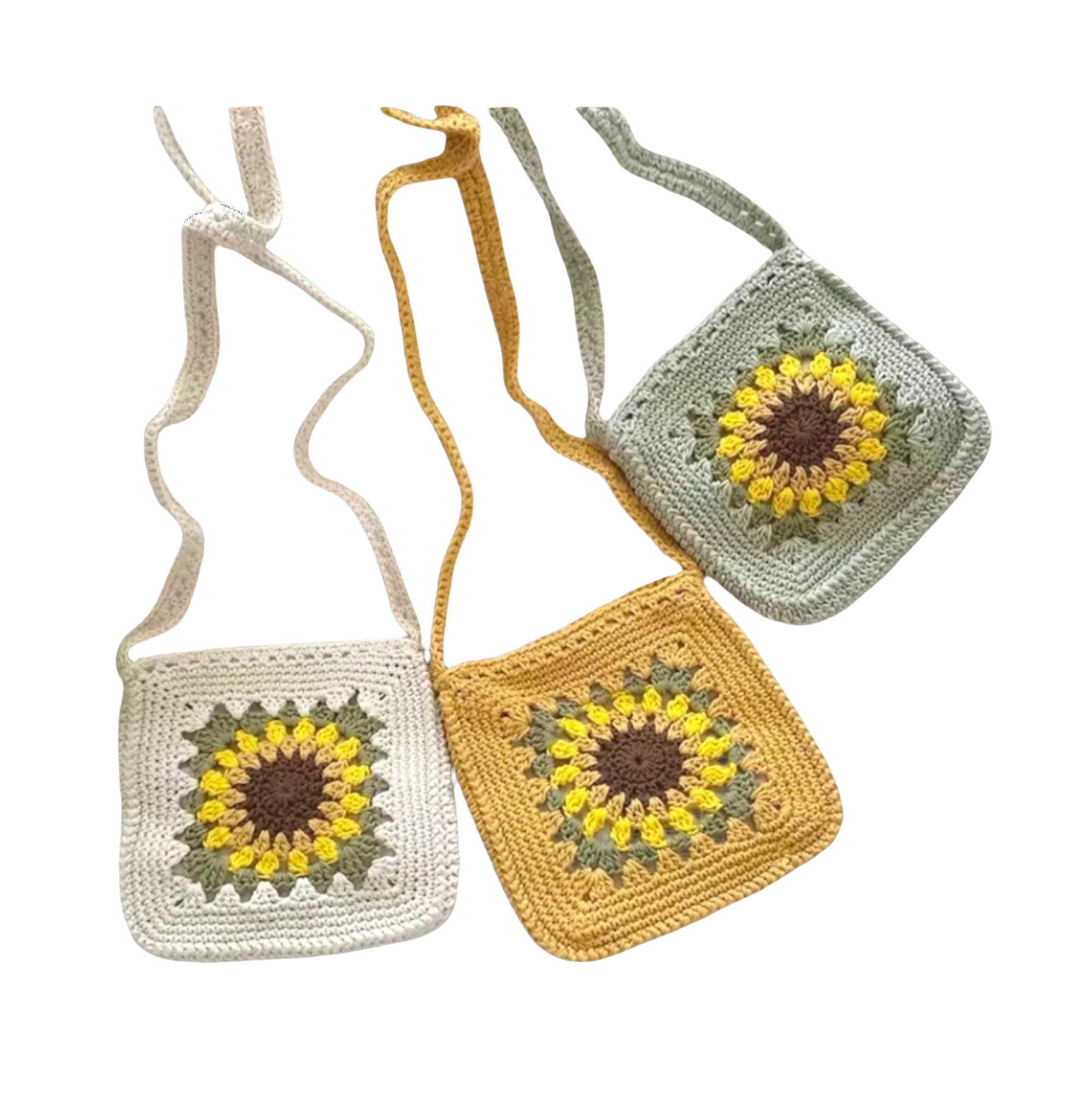 Suzie's Sunshine Dolls handmade crochet sunflower bag in white, yellow, and light green. Features a detailed sunflower motif.