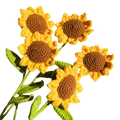 Suzie's Sunshine Dolls handcrafted crochet sunflowers with yellow petals and brown centers, green leaves.