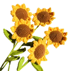 Suzie's Sunshine Dolls handcrafted crochet sunflowers with yellow petals and brown centers, green leaves.