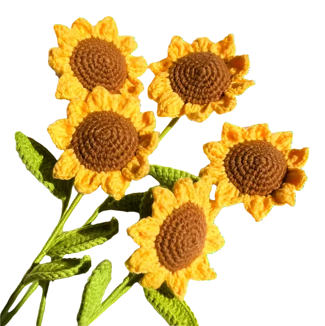 Suzie's Sunshine Dolls handcrafted crochet sunflowers with yellow petals and brown centers, green leaves.