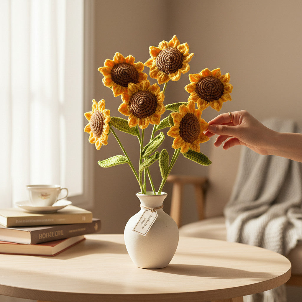 Suzie's Sunshine Dolls handcrafted crochet sunflowers with yellow petals and brown centers in a white vase.