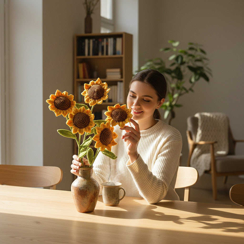 Suzie's Sunshine Dolls handcrafted crochet sunflowers in yellow and brown with green leaves in a vase.