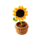Suzie's Sunshine Dolls yellow crochet sunflower in a brown pot with green stem and leaves.