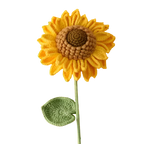Suzie's Sunshine Dolls handcrafted crochet sunflower with yellow petals, brown center, and green leaf.