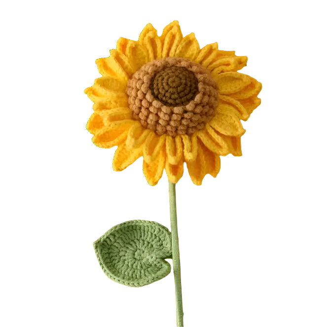 Suzie's Sunshine Dolls handcrafted crochet sunflower with yellow petals, brown center, and green leaf.