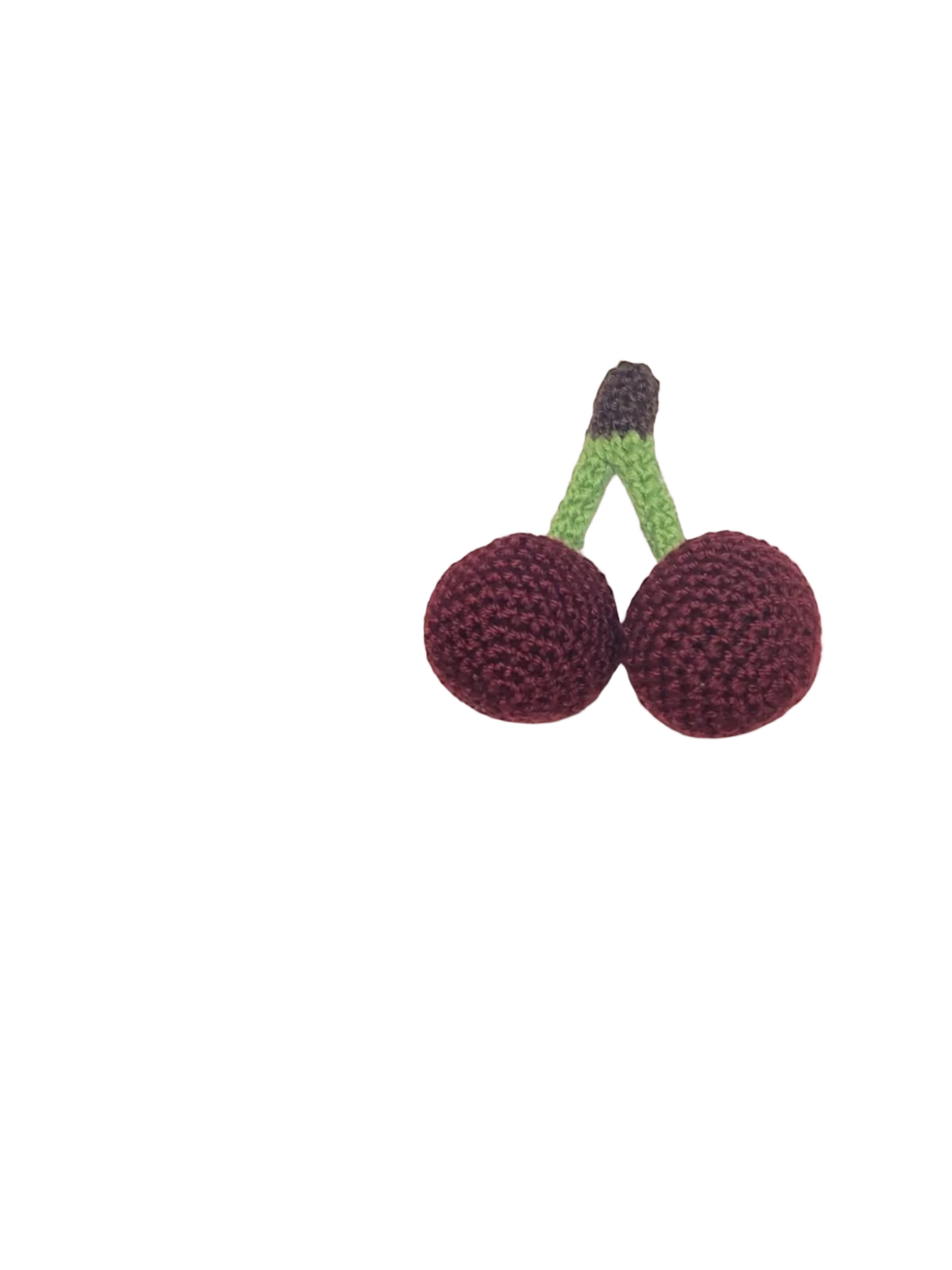 Suzie's Sunshine Dolls hand-crocheted cherries with green stems, made from soft cotton yarn.