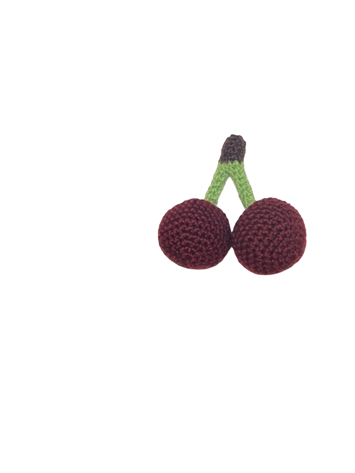 Suzie's Sunshine Dolls hand-crocheted cherries with green stems, made from soft cotton yarn.