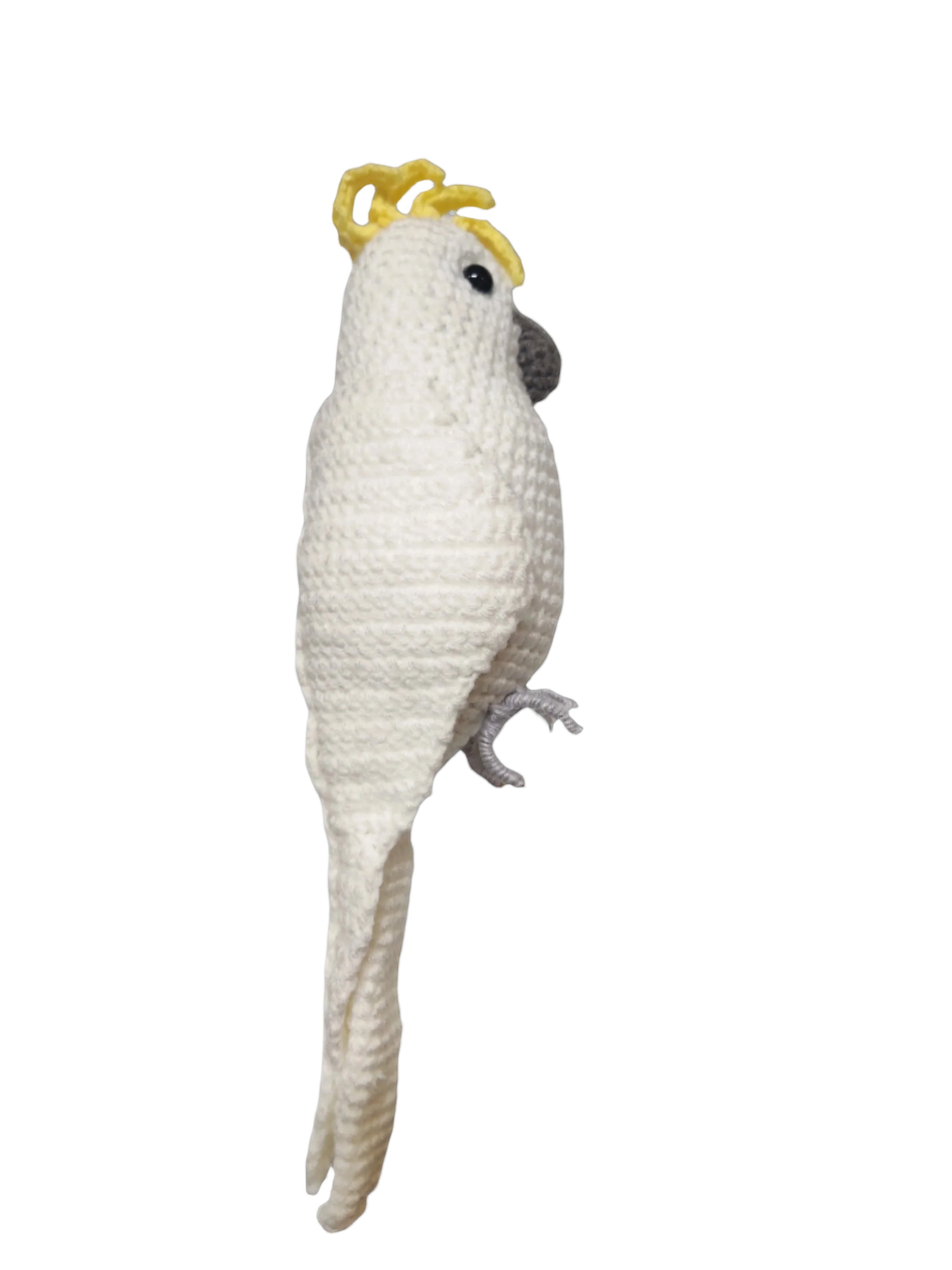 Suzie's Sunshine Dolls white crocheted cockatoo with yellow crest and wire feet, handmade from yarn.