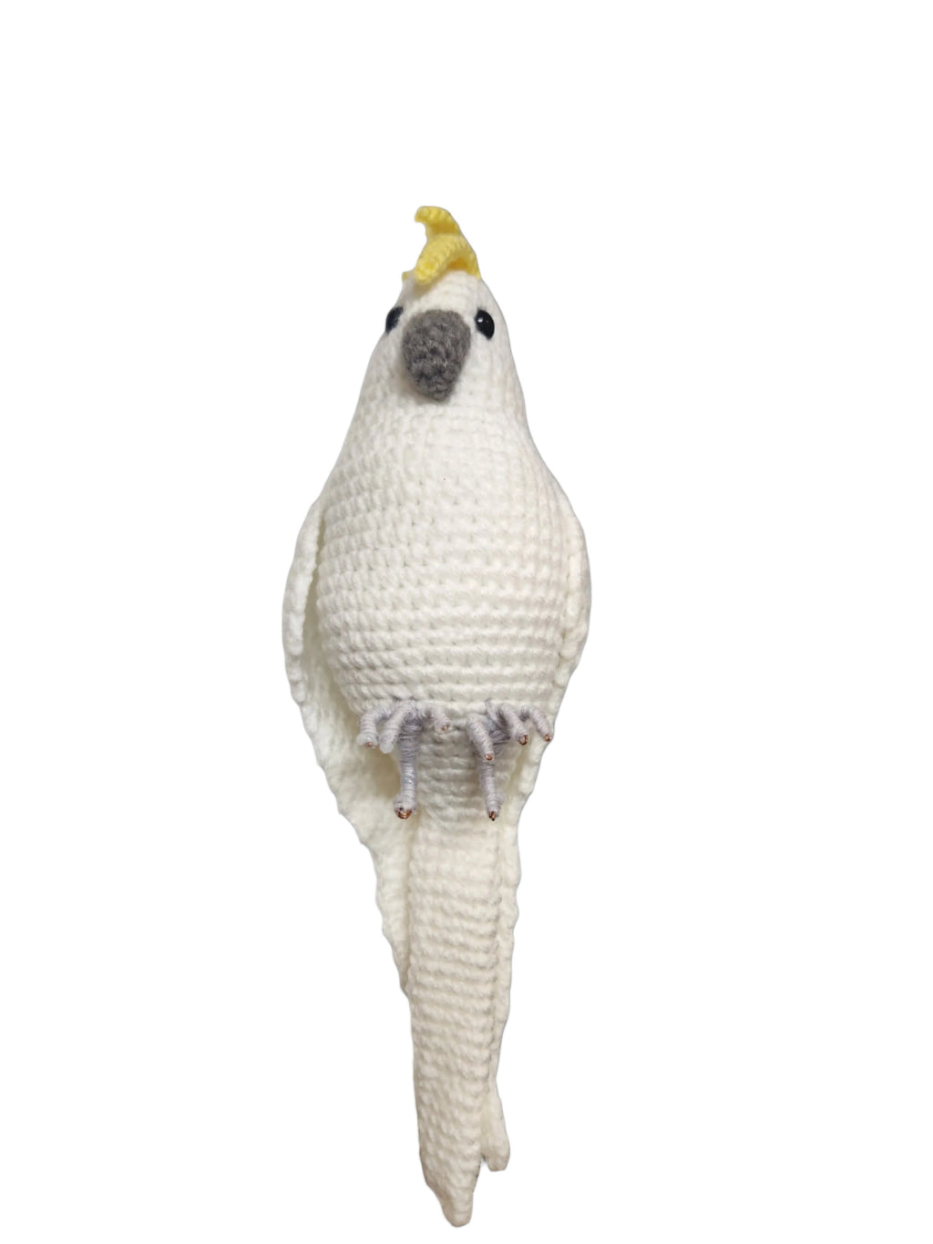 Suzie's Sunshine Dolls white crocheted cockatoo bird with yellow crest and wire feet, approx 15-18cm tall.