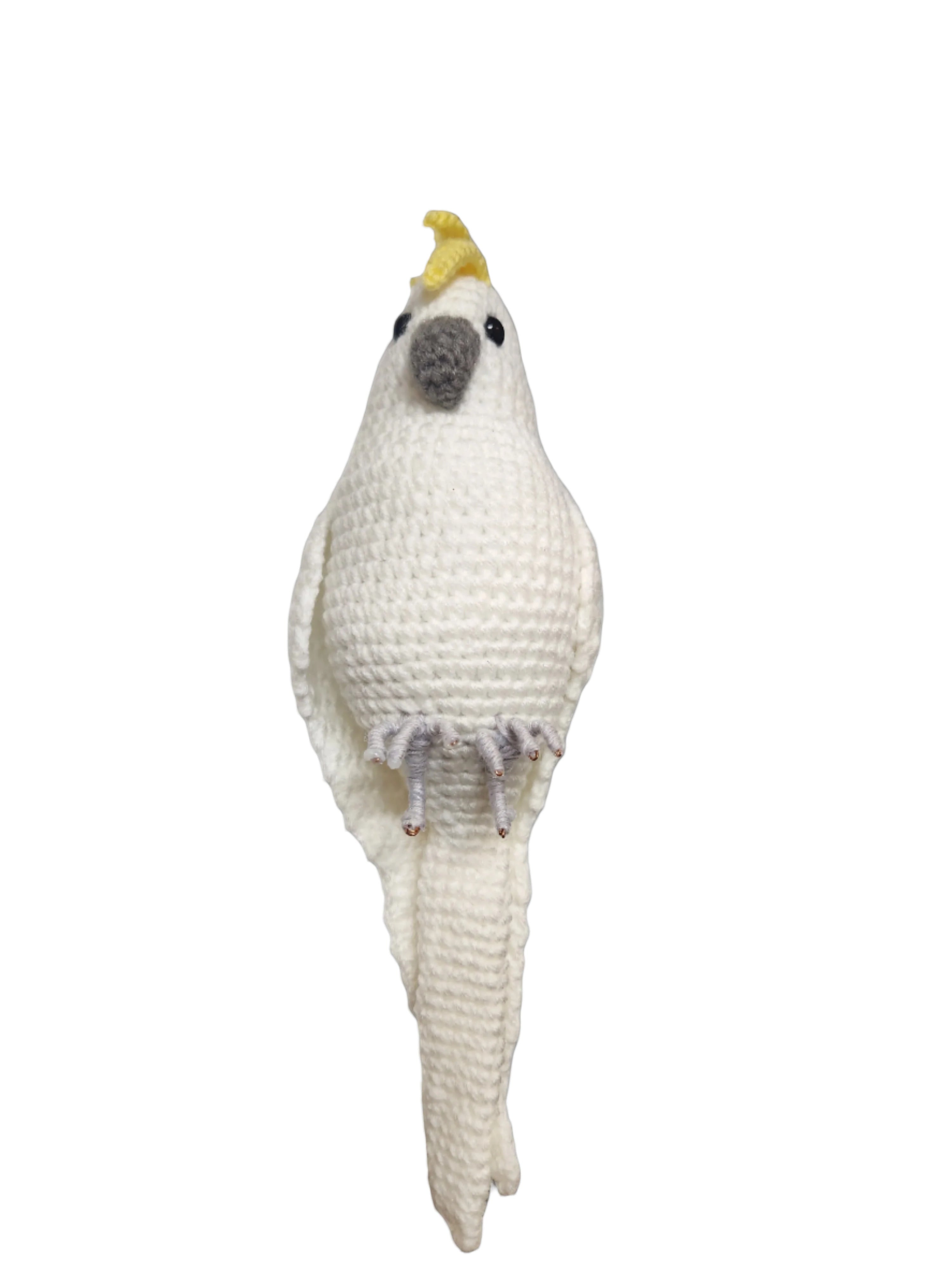 Suzie's Sunshine Dolls white crocheted cockatoo bird with yellow crest and wire feet, approx 15-18cm tall.
