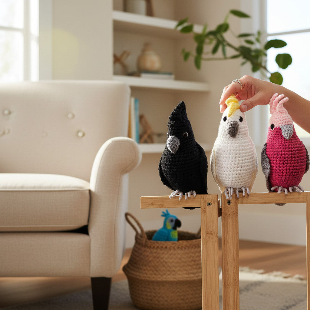 Suzie's Sunshine Dolls: crocheted Black Cockatoo, white Sulphur-Crested Cockatoo, and pink Galah with wire feet.