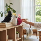Suzie's Sunshine Dolls: Black, white, and pink crocheted cockatoo birds with wire feet for display.