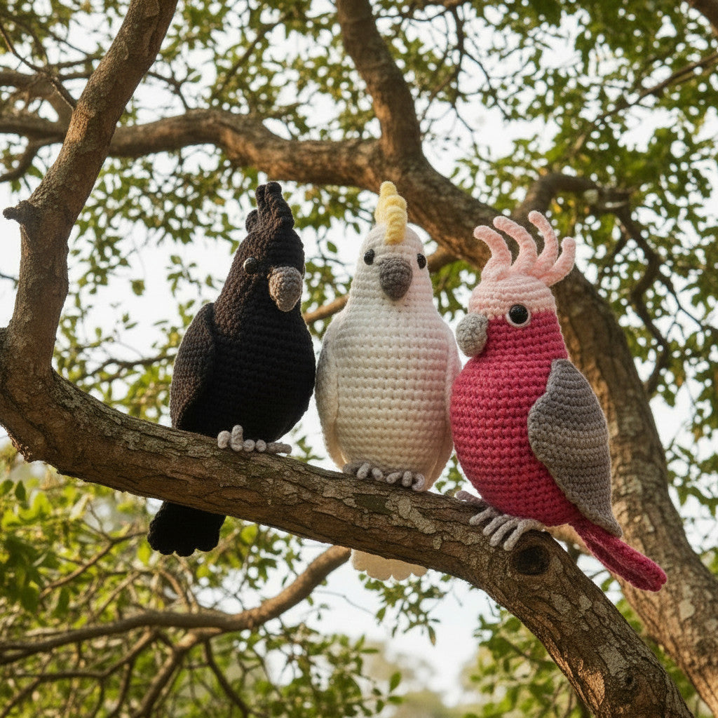 Suzie's Sunshine Dolls crocheted birds: black cockatoo, white sulphur-crested cockatoo, pink galah with wire feet perched on a tree branch.