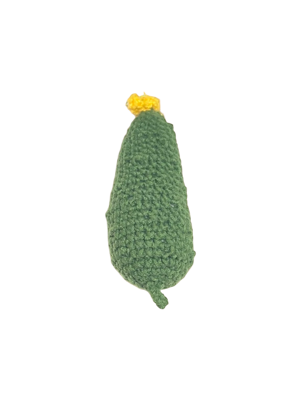 Suzie's Sunshine Dolls green crocheted pickle with yellow tassel, handmade cotton yarn