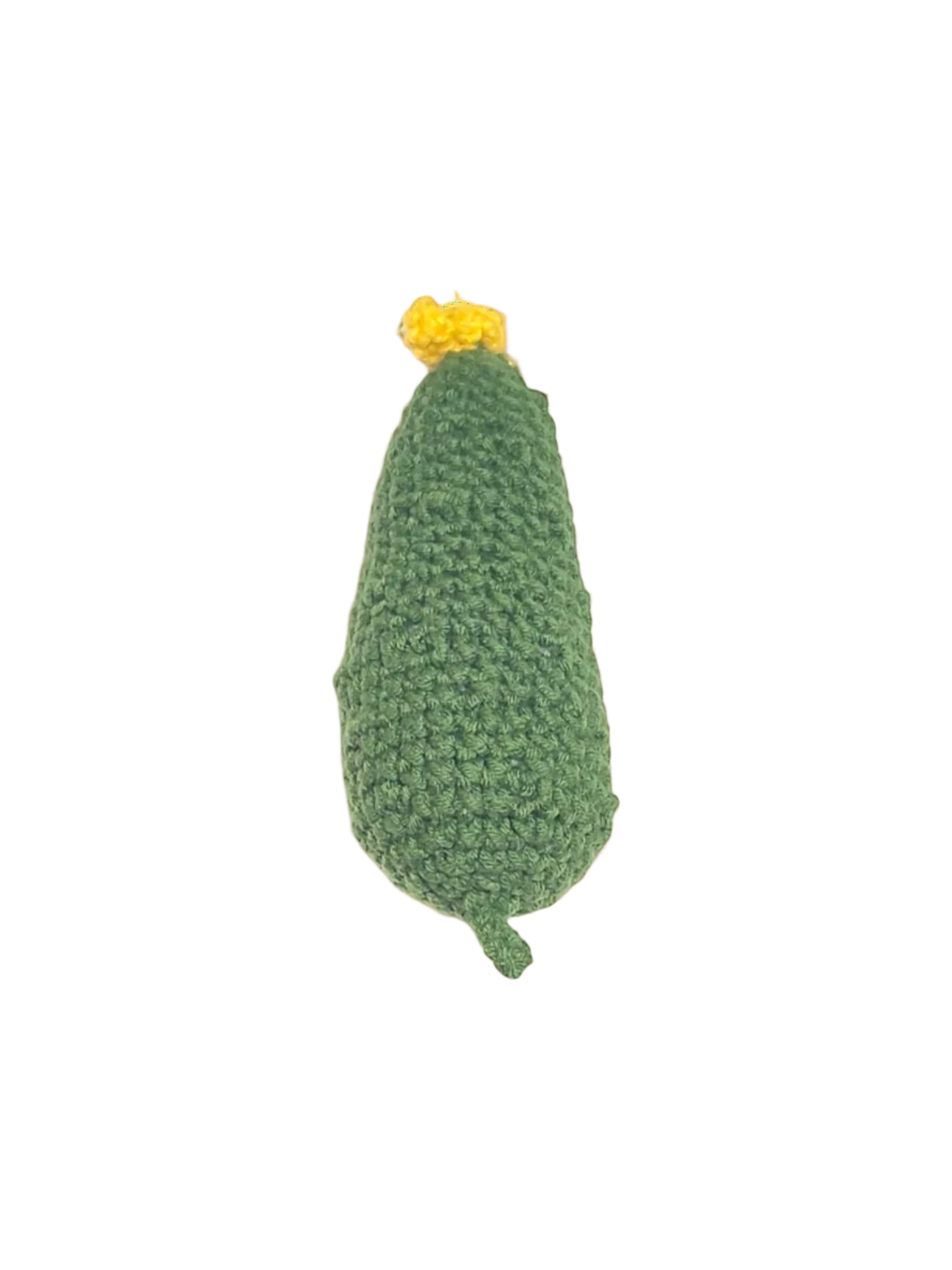 Suzie's Sunshine Dolls green crocheted pickle with yellow tassel, handmade cotton yarn