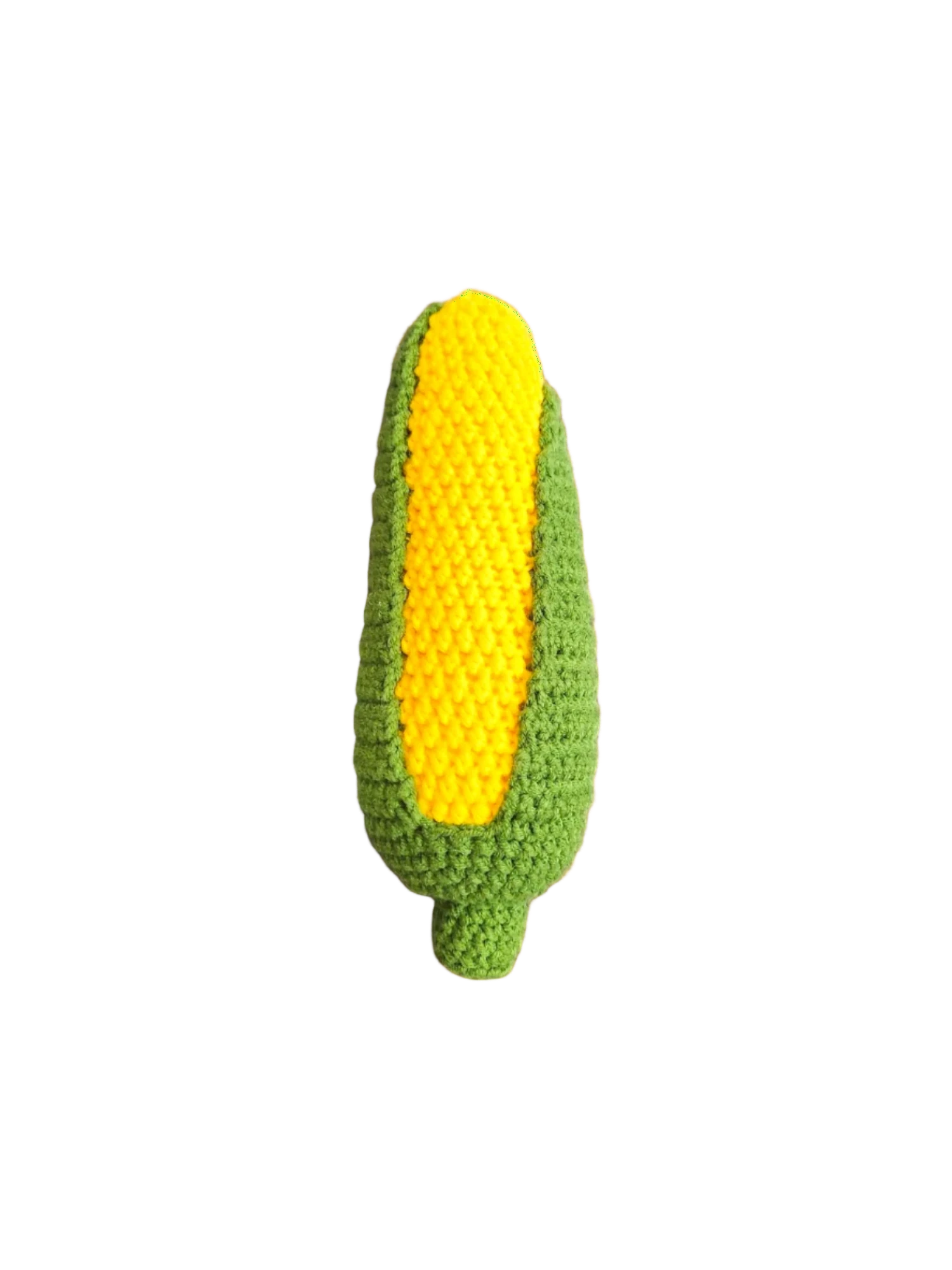 Suzie's Sunshine Dolls hand-crocheted corn cob toy made of green and yellow cotton yarn.