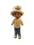 Suzie's Sunshine Dolls handmade crocheted doll dressed as a cowboy/cowgirl with a tan jacket, blue jeans, and a cream hat with a star badge.
