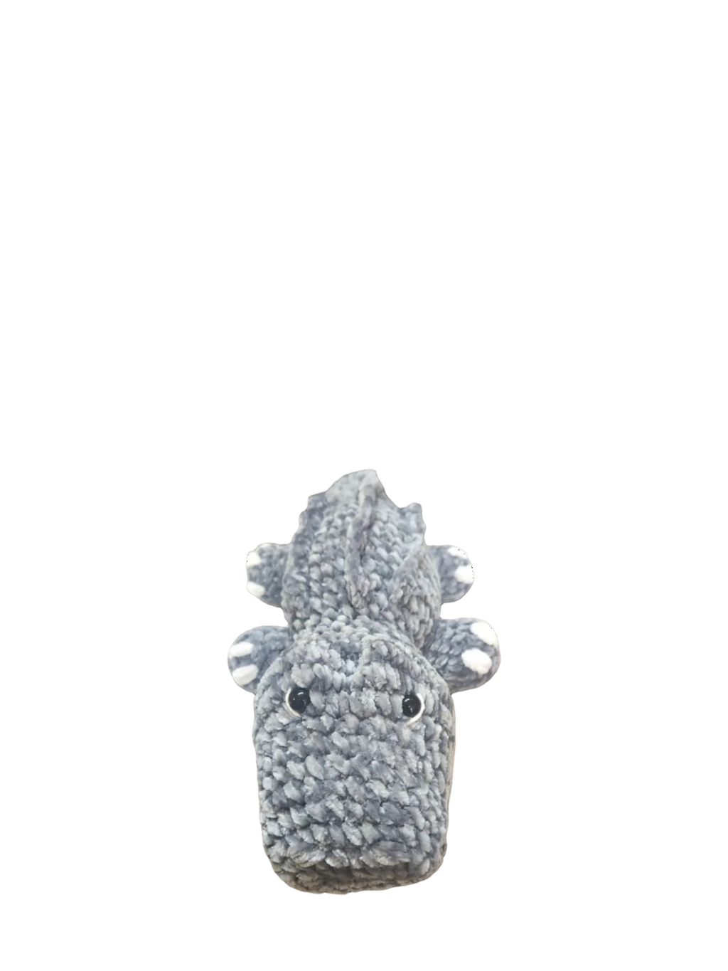Suzie's Sunshine Dolls Kurtis the Croc, a handmade grey crocheted crocodile plush toy with white toes and stitched smile.