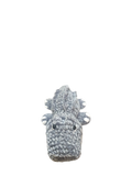 Suzie's Sunshine Dolls Kurtis the Croc, a handmade grey crocheted crocodile plush toy with white toes and stitched smile.