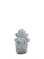 Suzie's Sunshine Dolls Kurtis the Croc, a handmade grey crocheted crocodile plush toy with white toes and stitched smile.