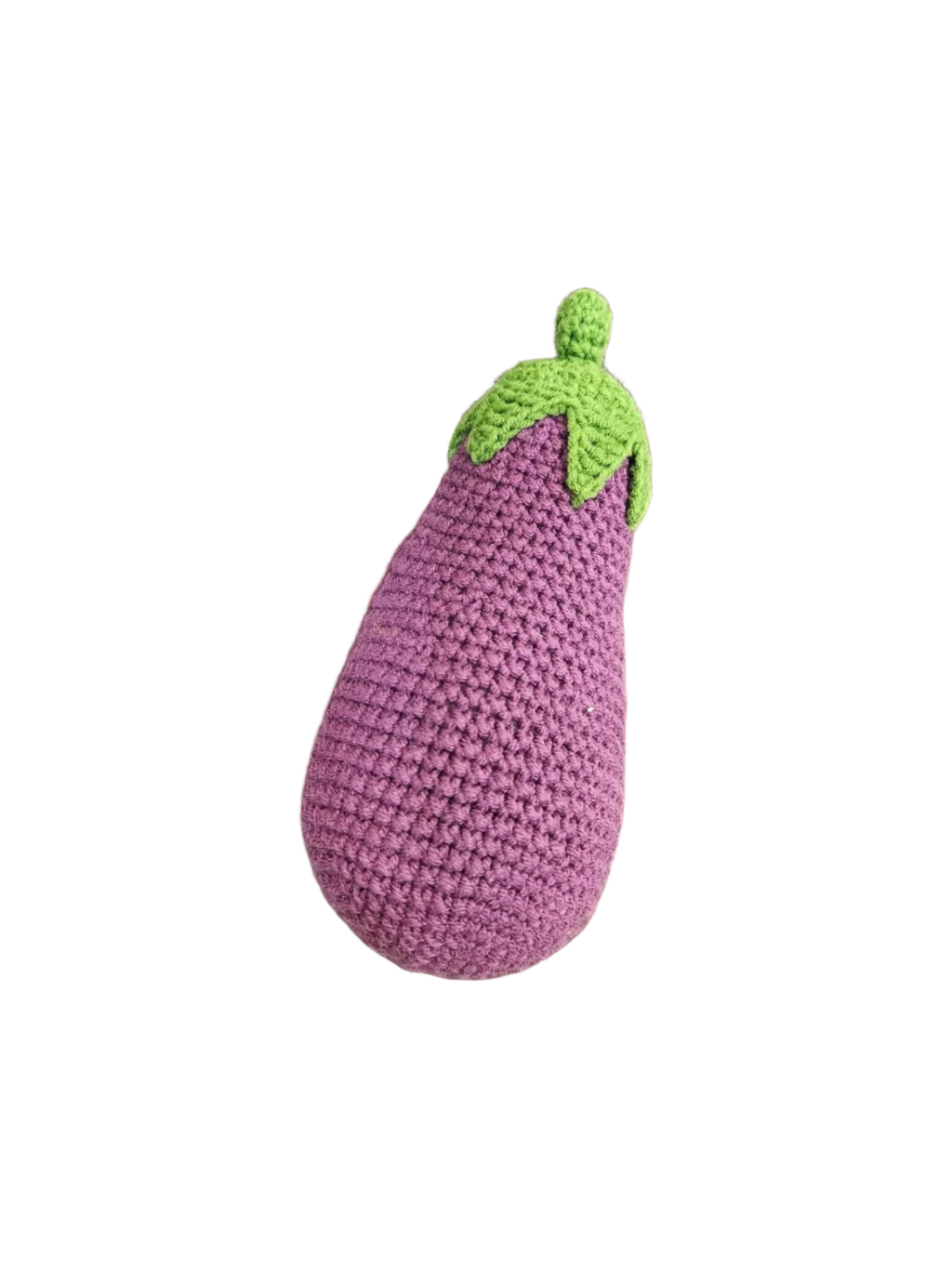 Suzie's Sunshine Dolls purple crocheted eggplant with green stem and leaves, made from cotton yarn.