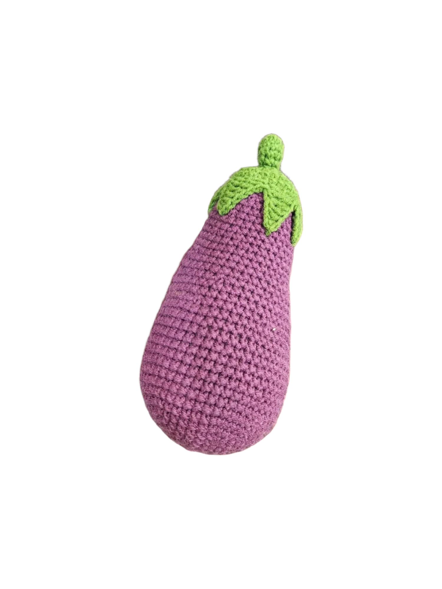 Suzie's Sunshine Dolls purple crocheted eggplant with green stem and leaves, made from cotton yarn.