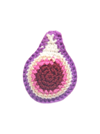 Suzie's Sunshine Dolls hand-crocheted fig toy, featuring concentric circles of purple, white, pink, and deep red yarn.