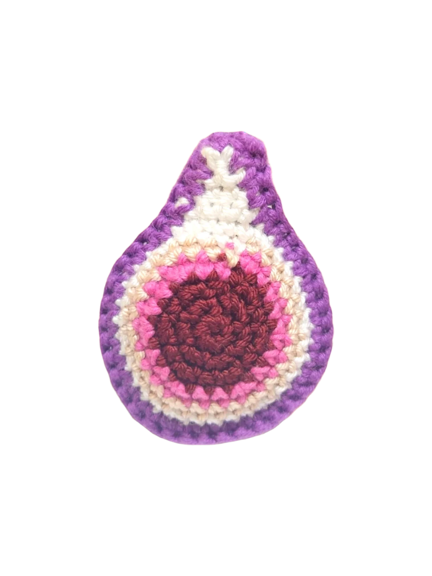 Suzie's Sunshine Dolls hand-crocheted fig toy, featuring concentric circles of purple, white, pink, and deep red yarn.
