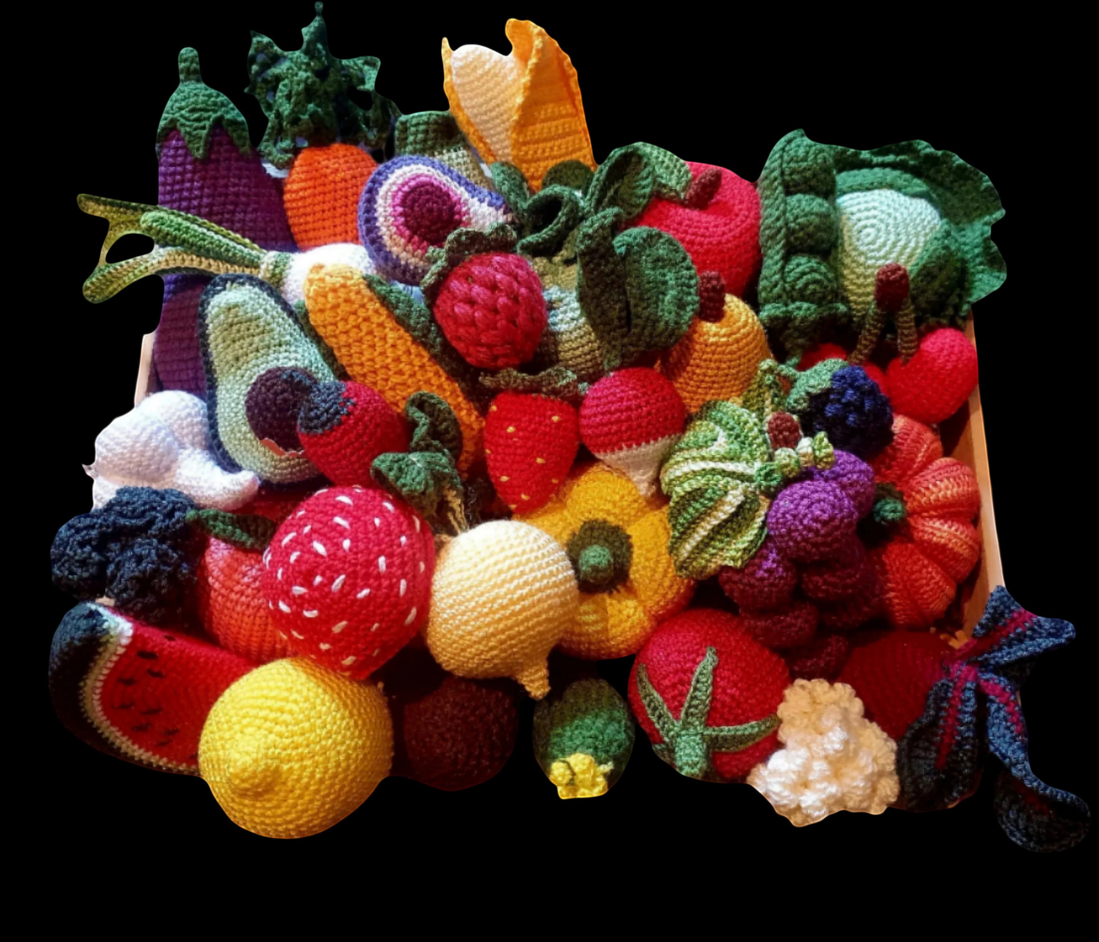 Suzie's Sunshine Dolls hand-crocheted fruit and vegetable basket with strawberries, avocado, corn, lemon, watermelon, and more.