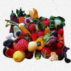 Suzie's Sunshine Dolls hand-crocheted fruit and vegetable basket with strawberries, avocado, corn, watermelon, lemon, and more.