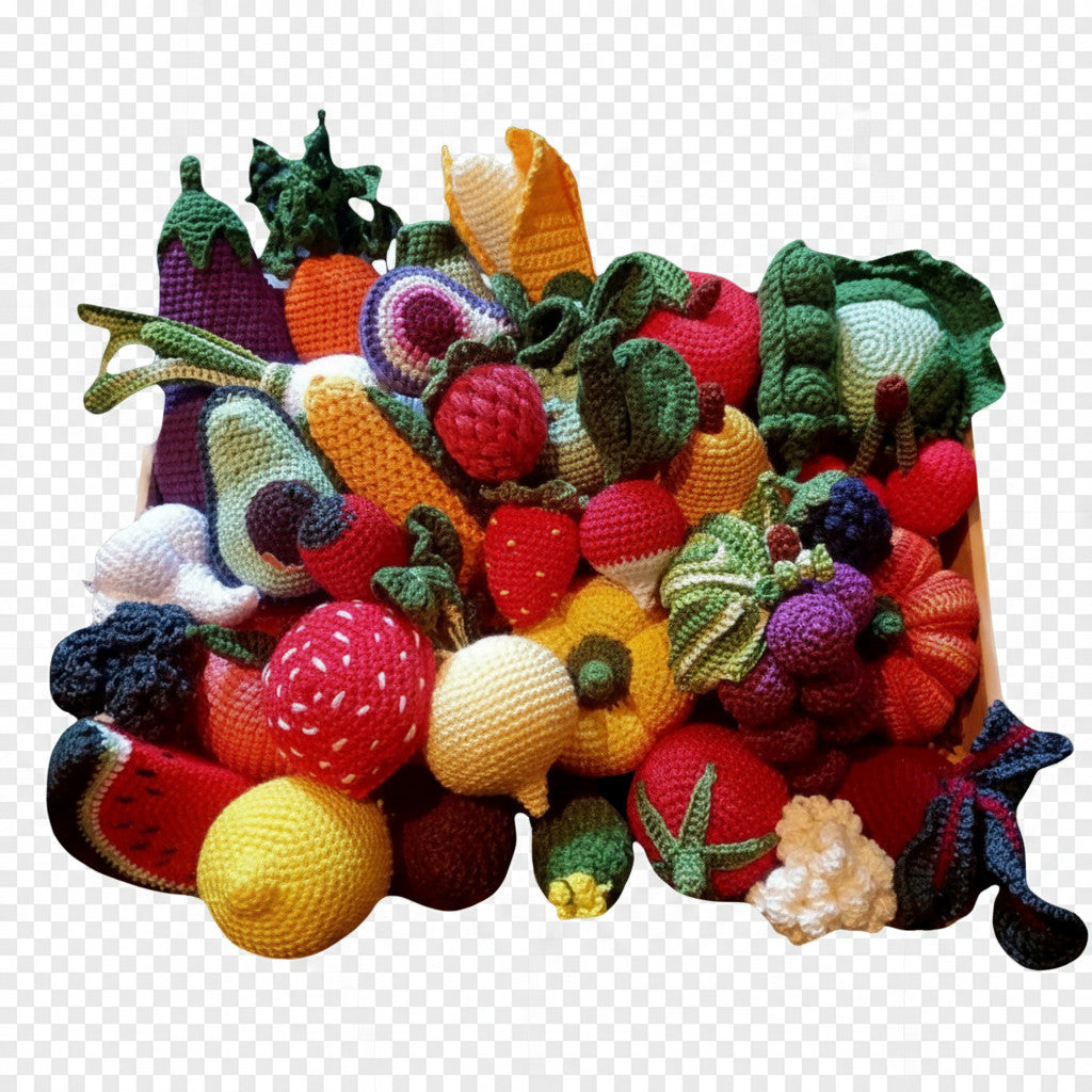 Suzie's Sunshine Dolls hand-crocheted fruit and vegetable basket with strawberries, avocado, corn, watermelon, lemon, and more.