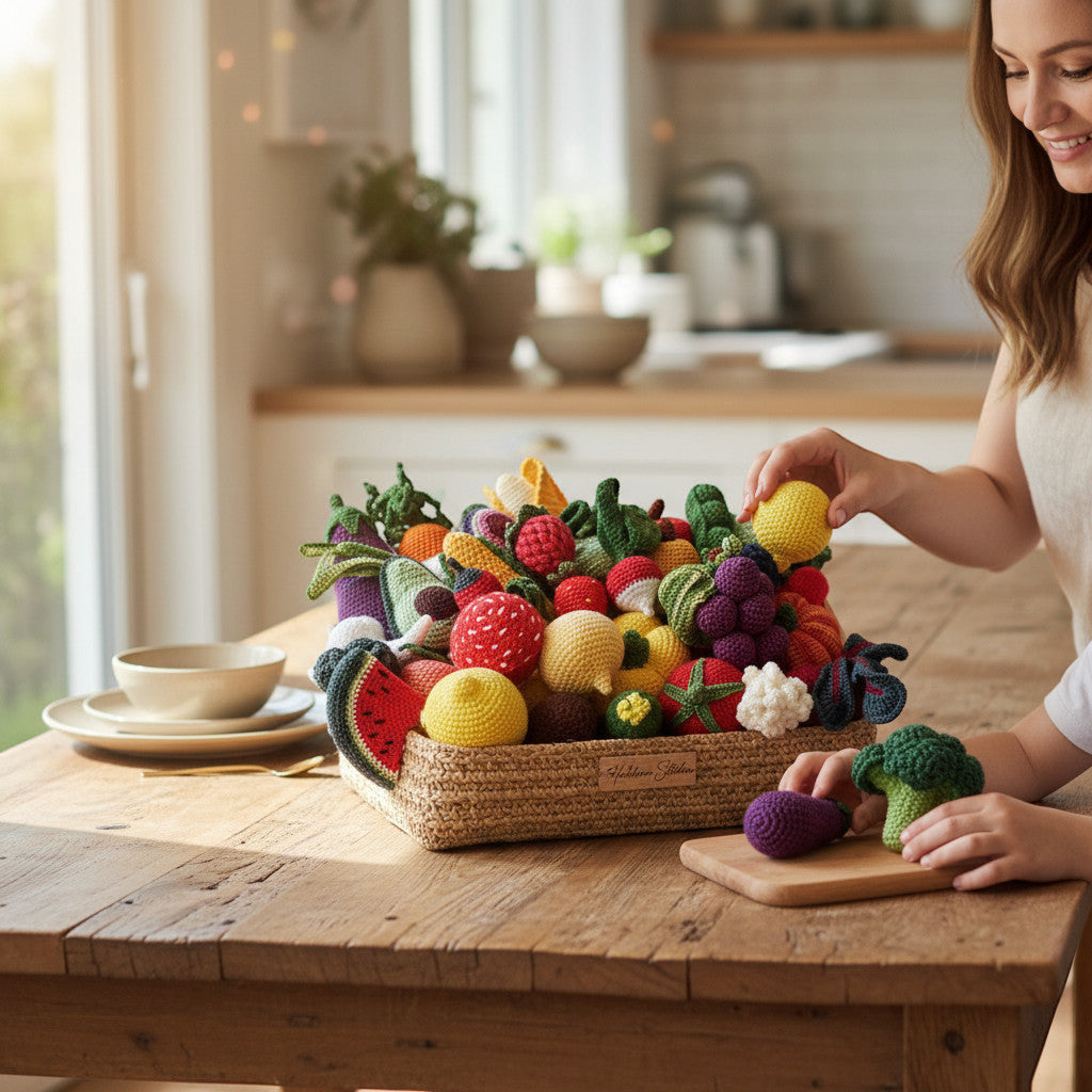 Suzie's Sunshine Dolls hand-crocheted fruit and vegetable basket with strawberries, avocado, lemon, corn, and more.