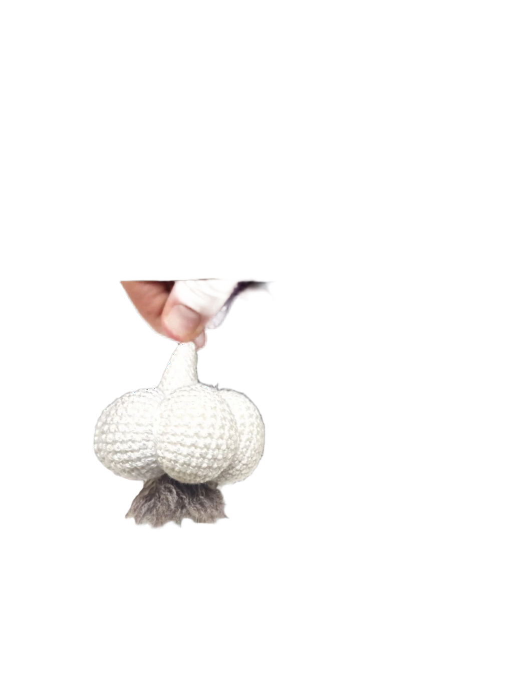 Suzie's Sunshine Dolls white hand-crocheted garlic bulb with grey roots, perfect for play kitchens.