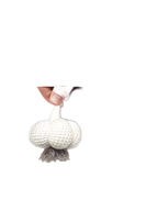 Suzie's Sunshine Dolls white hand-crocheted garlic bulb with grey roots, perfect for play kitchens.