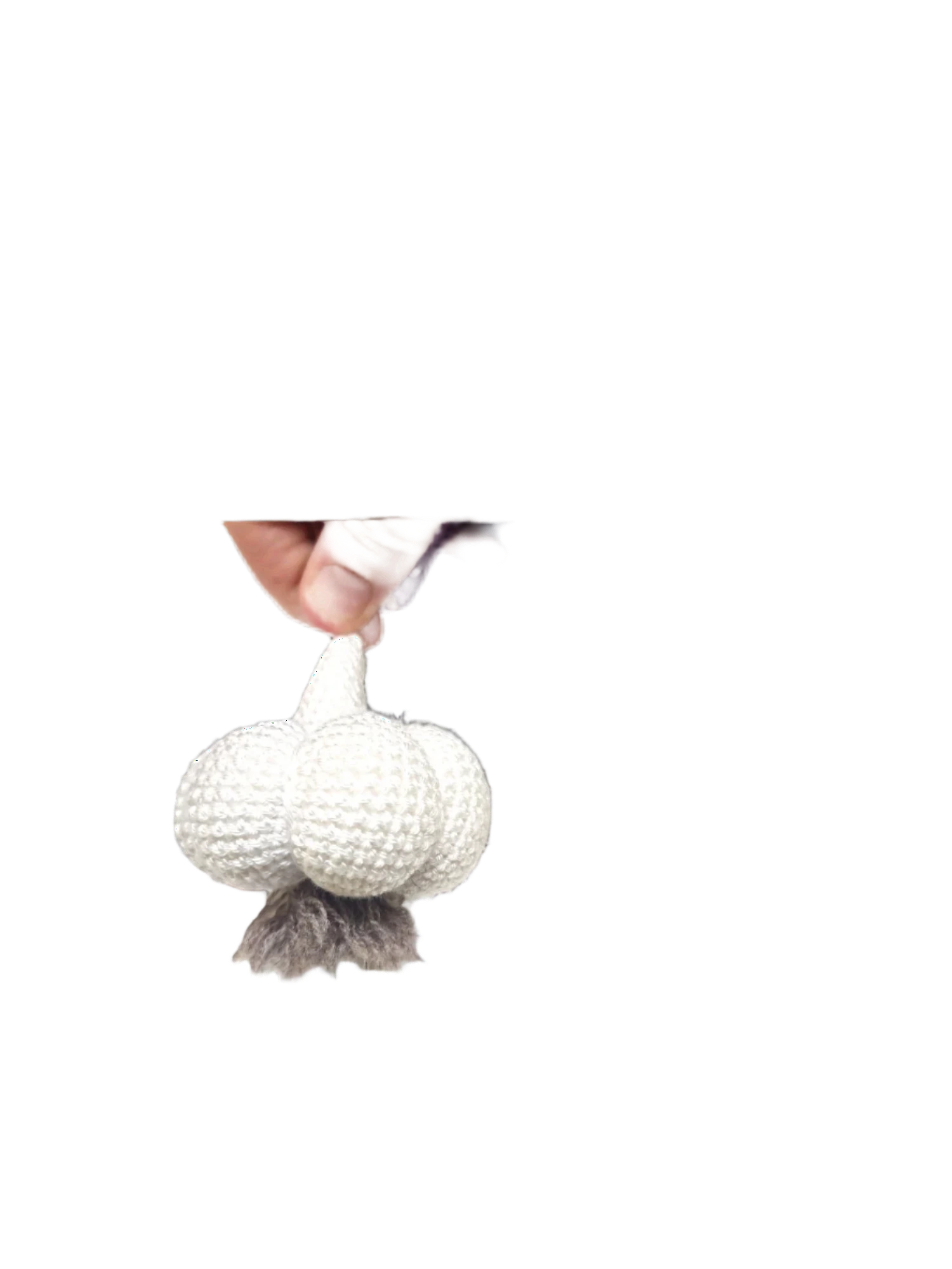 Suzie's Sunshine Dolls white hand-crocheted garlic bulb with grey roots, perfect for play kitchens.