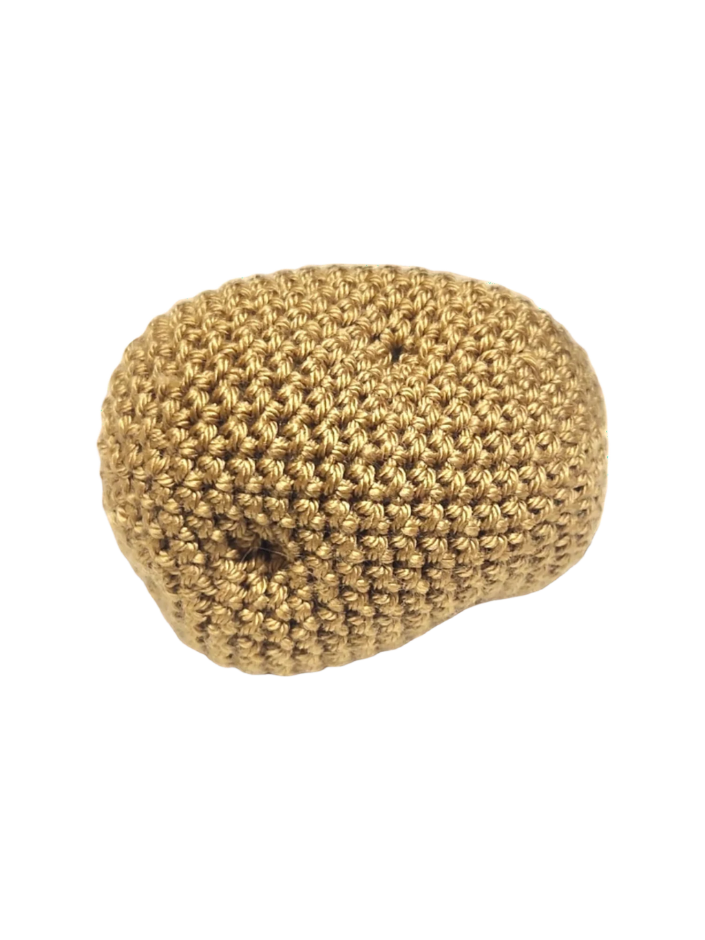 Suzie's Sunshine Dolls hand-crocheted golden-brown garlic clove, made from cotton yarn.