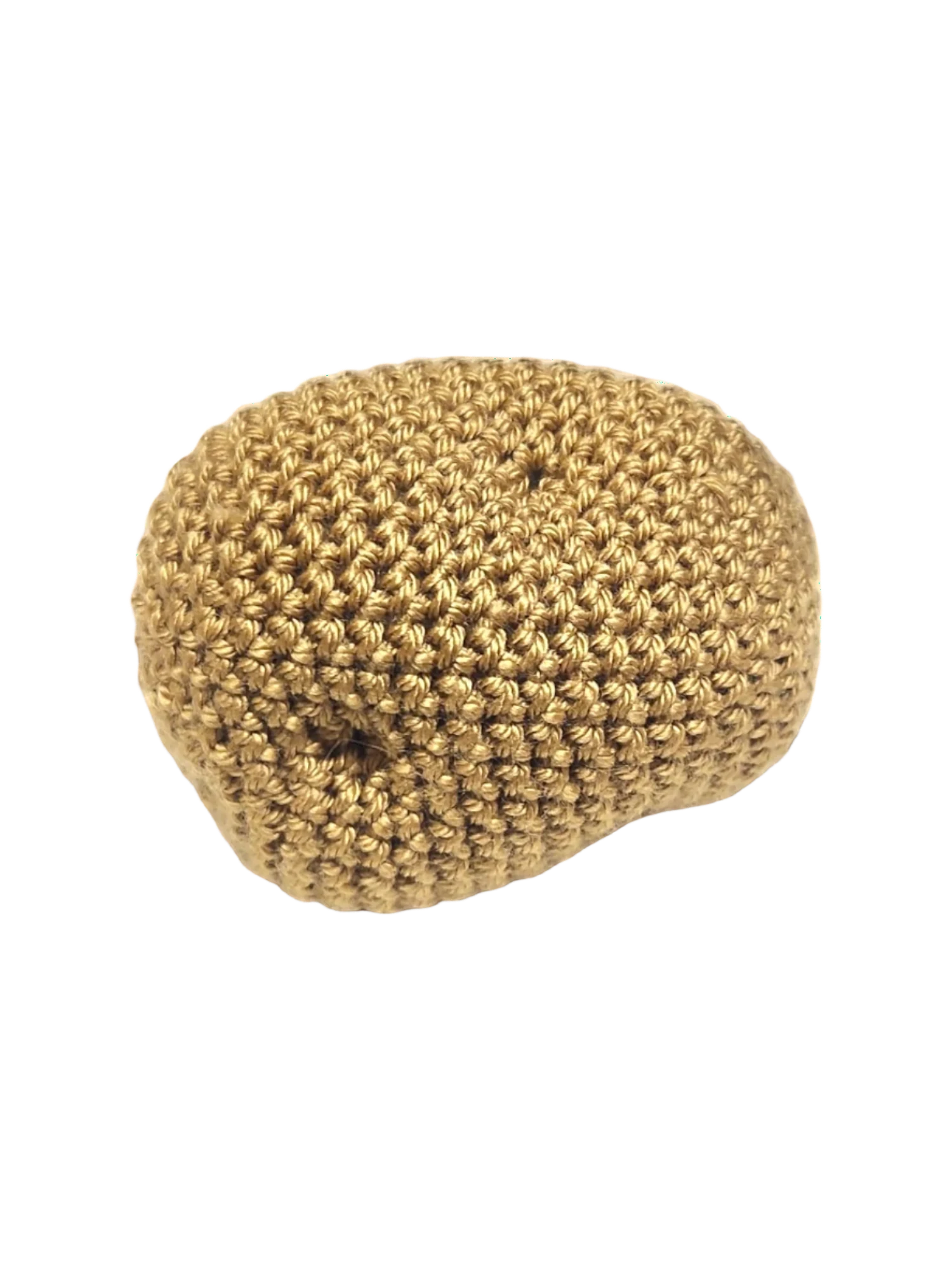 Suzie's Sunshine Dolls hand-crocheted golden-brown garlic clove, made from cotton yarn.