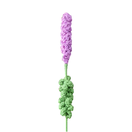 Suzie's Sunshine Dolls hand-crocheted lavender stem in lilac and green, made from cotton yarn.