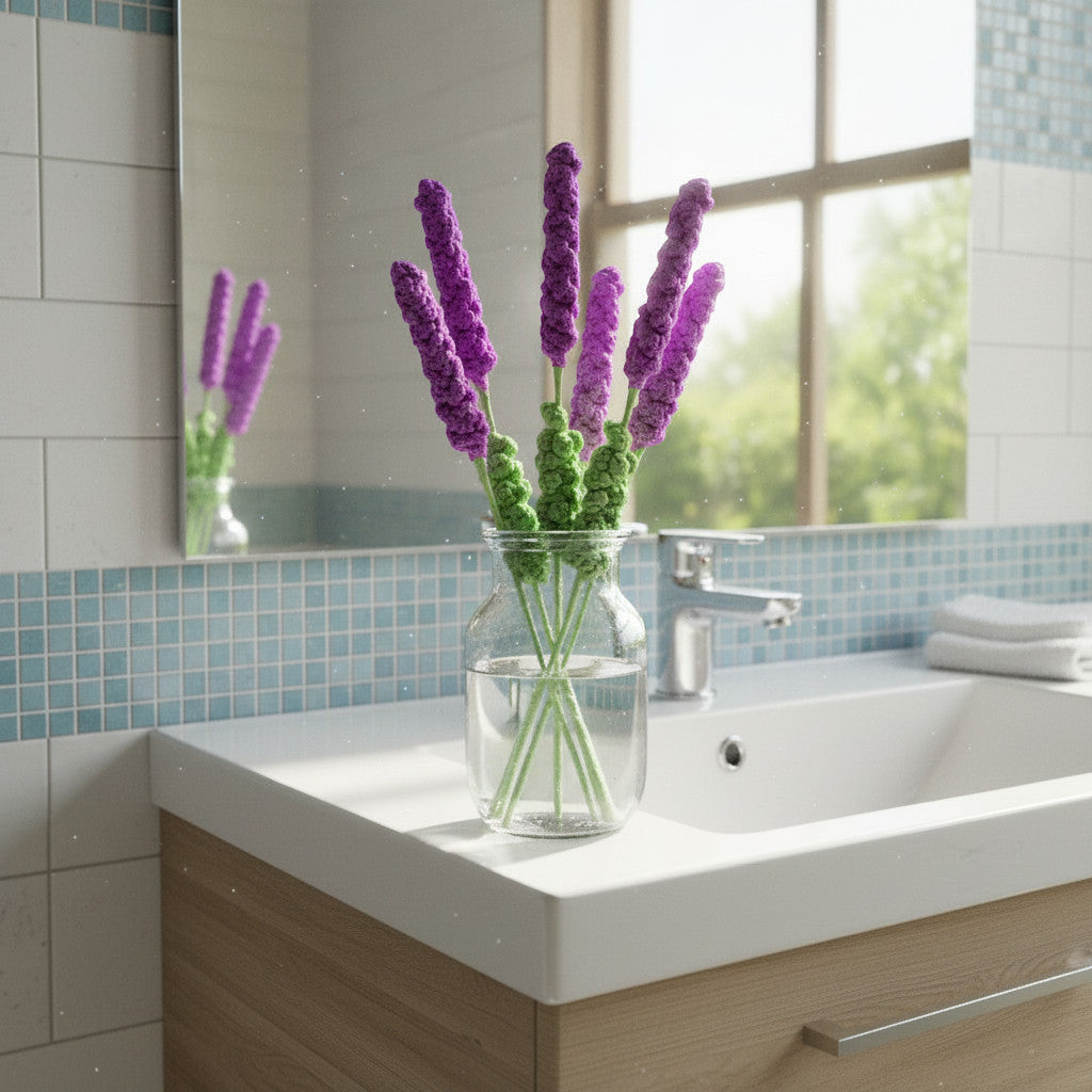 Suzie's Sunshine Dolls hand-crocheted lavender stems in lilac and purple, made from cotton yarn, displayed in a glass vase.