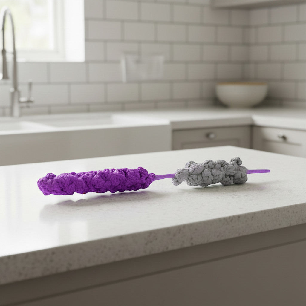 Suzie's Sunshine Dolls hand-crocheted lavender stems in purple and grey, made from cotton yarn.