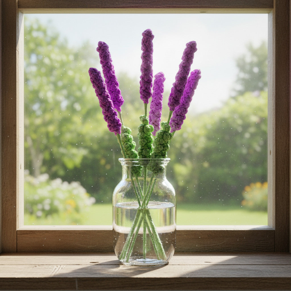 Suzie's Sunshine Dolls hand-crocheted lavender stems in lilac and purple cotton yarn, in a glass vase.
