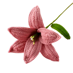 Suzie's Sunshine Dolls soft blush pink crocheted lily flower with green stem and leaf, made from cotton yarn.