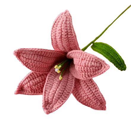 Suzie's Sunshine Dolls soft blush pink crocheted lily flower with green stem and leaf, made from cotton yarn.