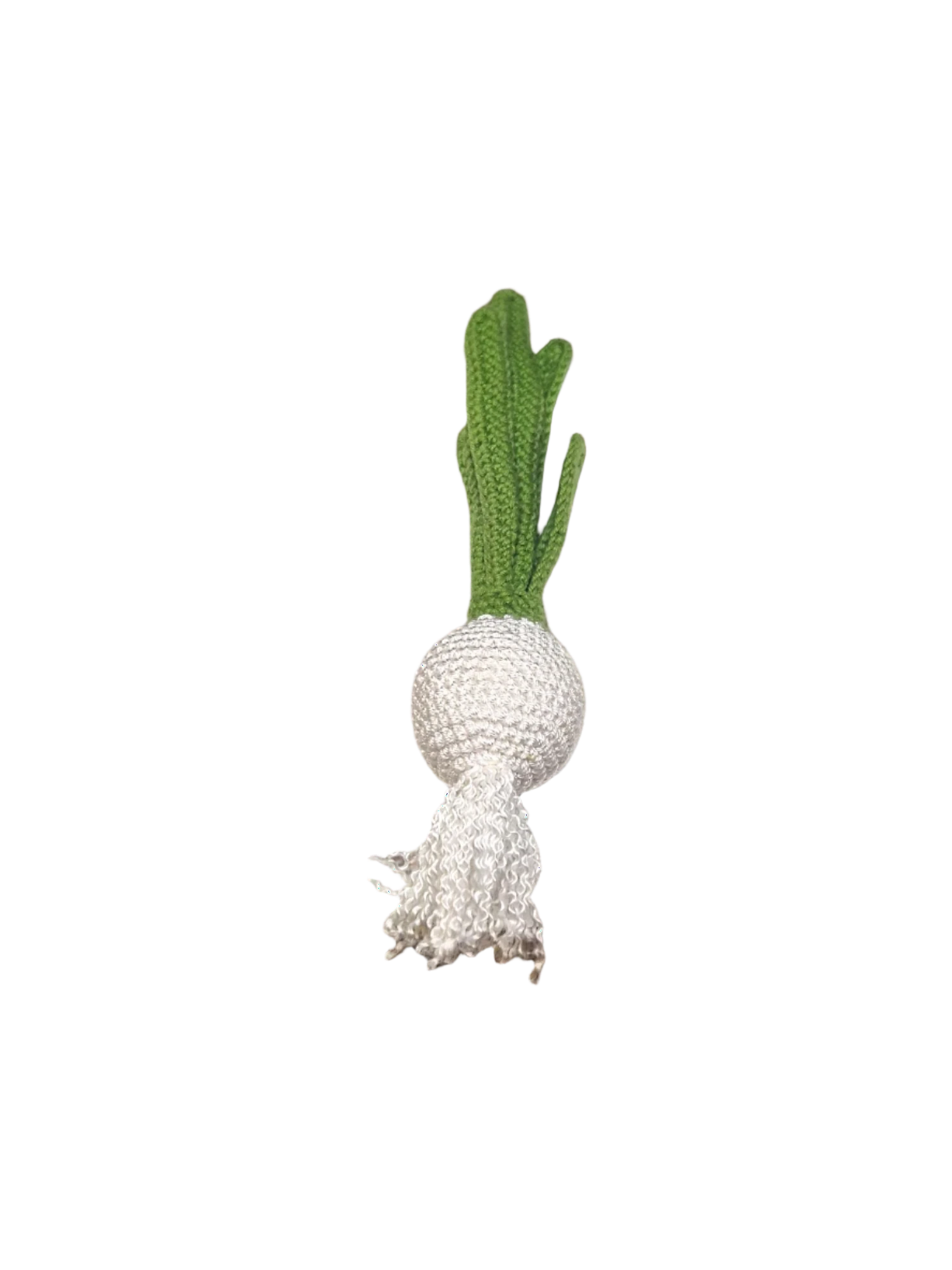 Suzie's Sunshine Dolls hand-crocheted white onion with green leaves and white roots, made of cotton yarn.