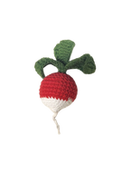 Suzie's Sunshine Dolls hand-crocheted radish toy with red top, white bottom, and green leaves.