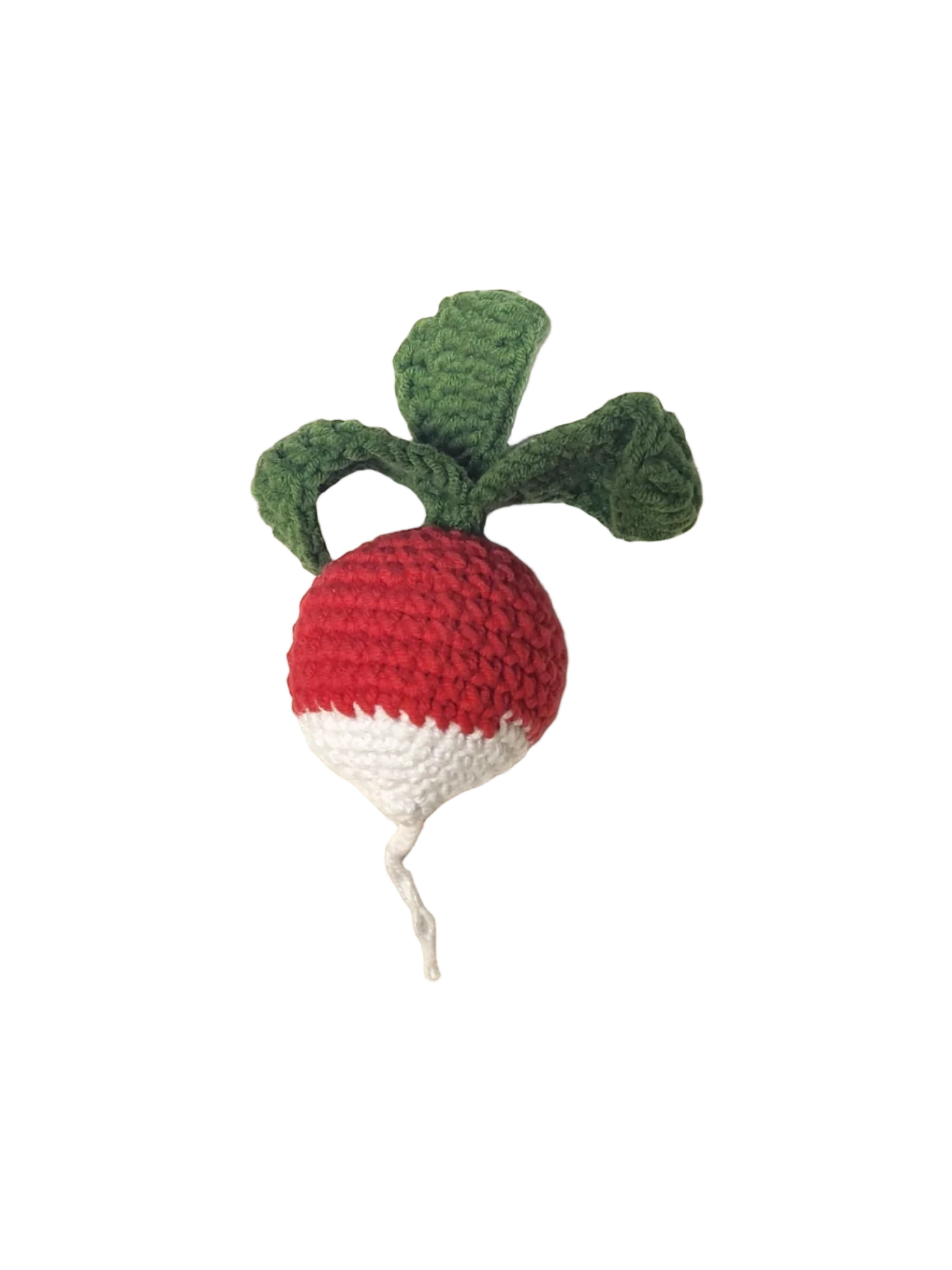 Suzie's Sunshine Dolls hand-crocheted radish toy with red top, white bottom, and green leaves.