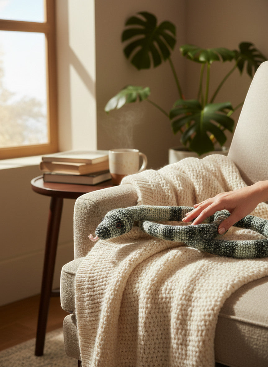 Suzie's Sunshine Dolls hand-crocheted snake toy in green and black stripes, with a pink tongue, resting on a cream blanket.