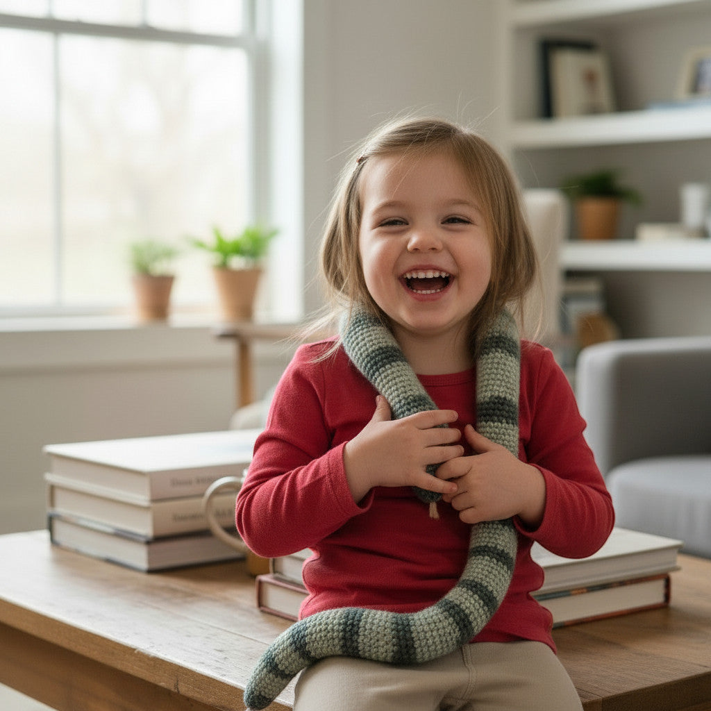 Suzie's Sunshine Dolls hand-crocheted snake toy in green and grey stripes, wrapped around a smiling child.