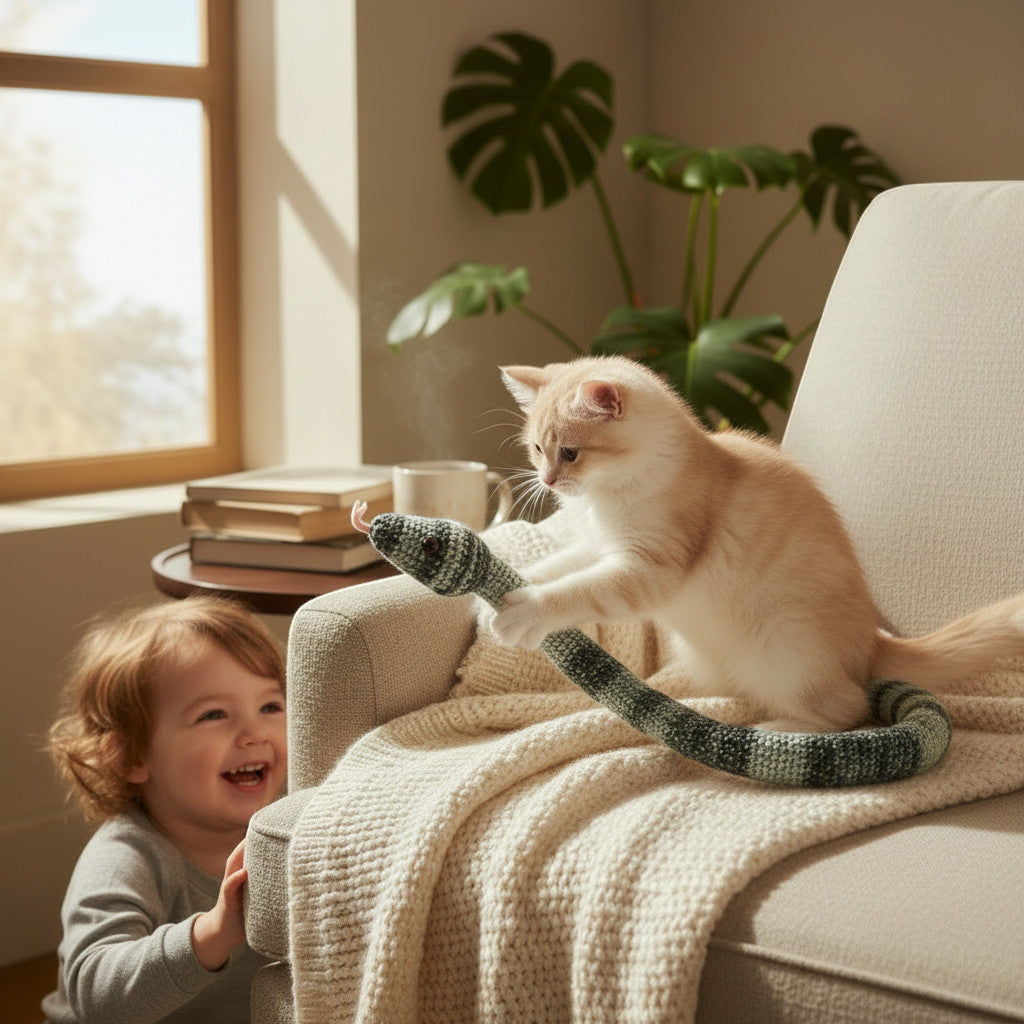 Suzie's Sunshine Dolls hand-crocheted snake toy, green and grey striped, with a bendable body, being played with by a kitten.