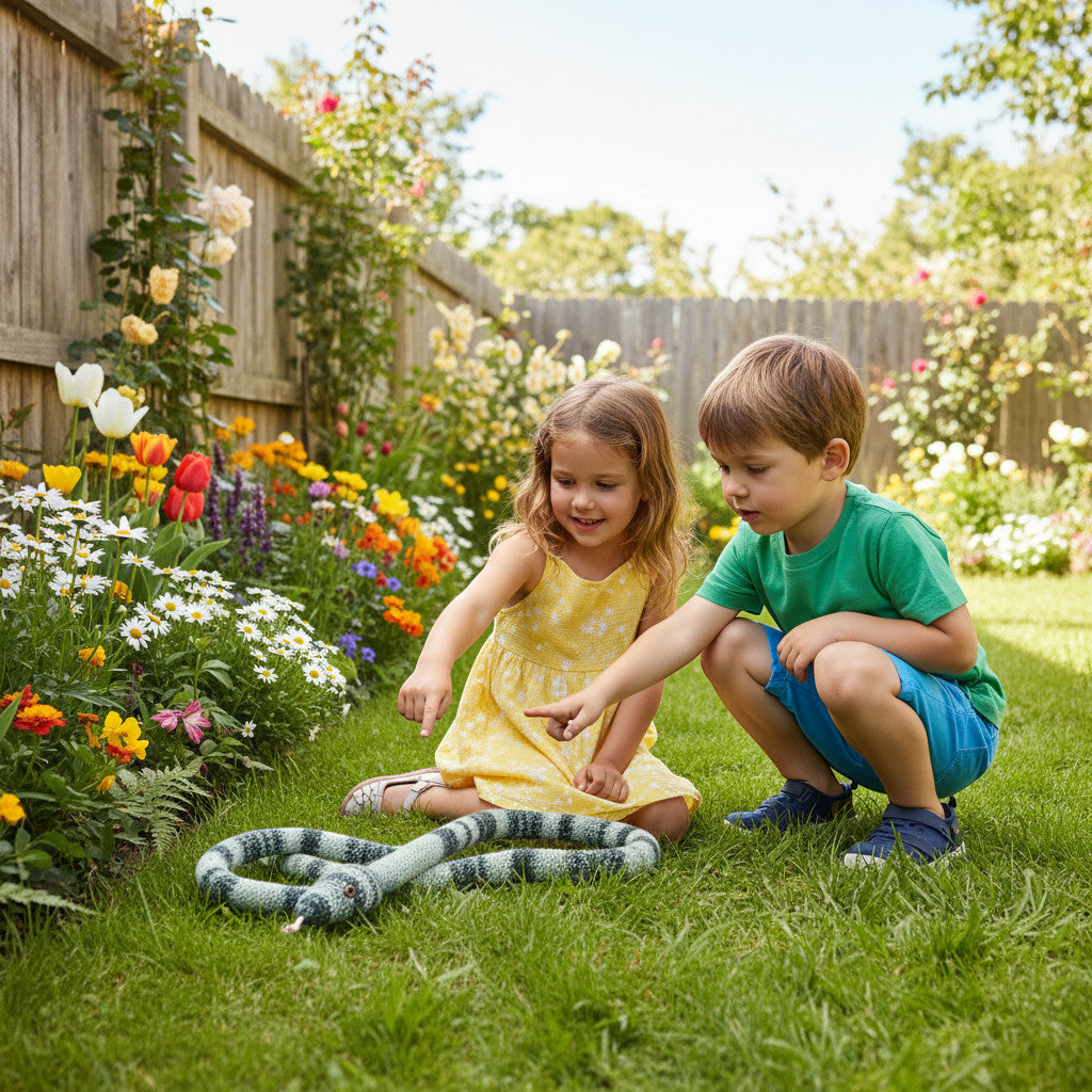 Suzie's Sunshine Dolls hand-crocheted snake toy, light green with dark green stripes, bendable and poseable.